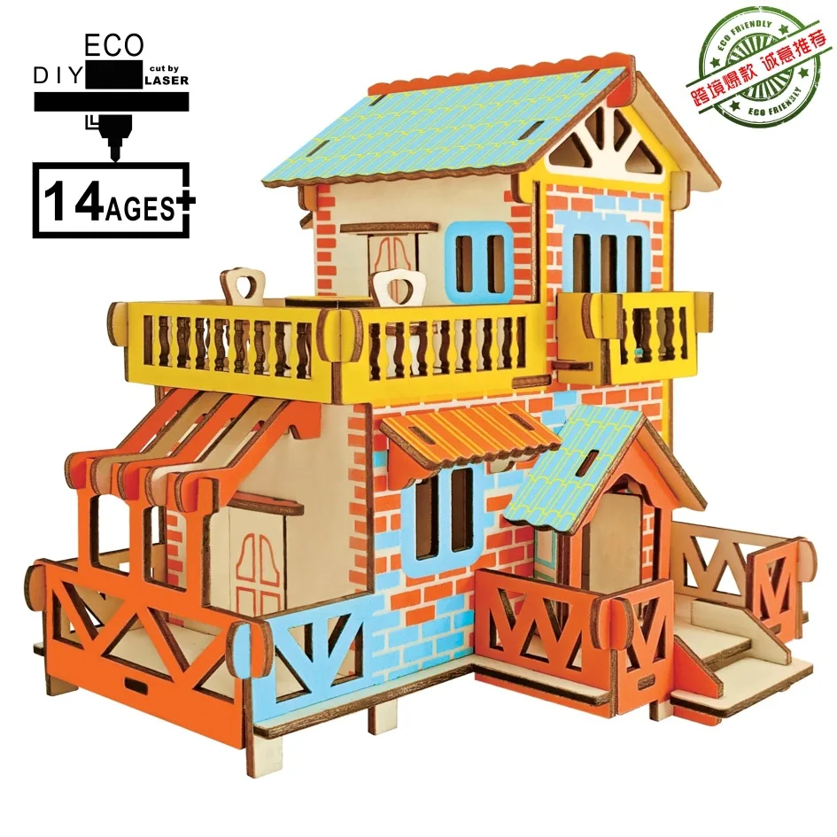 

3D Wooden 3D Puzzle Model Jigsaw Puzzle DIY Educational Toy Village Small Western-Style