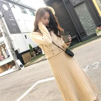 

Women Long Sleeve Sweater Coat Pleated Dresses Two Piece Set Winter Midi Knitted Dress Suit Solid Sweater Outfits