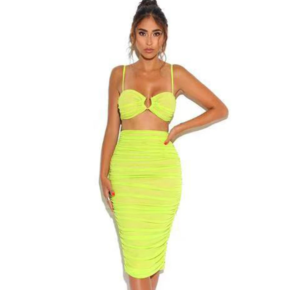 

ADYCE 2019 New Summer Women Bodycon Sets 2 Two pieces Set Top & Skirt Green Strapless Sleeveless Celebrity Evening Party Dresses
