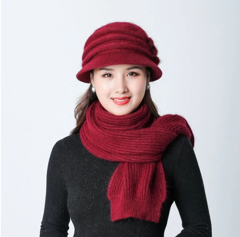 New Women Knitted Hats Winter Thicken Double Layer Casual Elegant Mixed Rabbit Hair Hat Elegant Female Hats