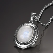 10x12MM gran piedra lunar Natural 925 joyería de plata esterlina colgante collar con cadena para mujeres regalos de fiesta de aniversario Vintage
