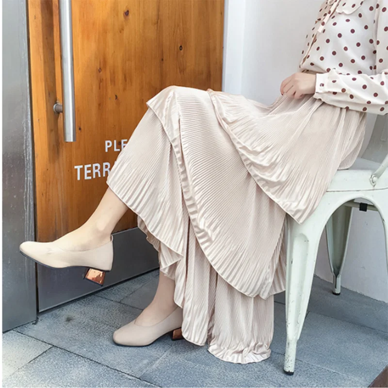 

2019 Early Spring High Waist Ice Silk Ruffled Cake Skirt Skirt Solid Color Wild Casual Elastic Waist Pleated Long Female Onesize