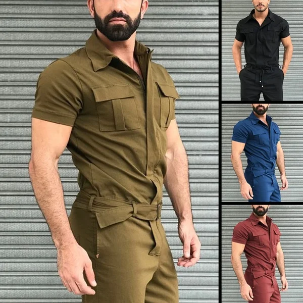 Mono de trabajo para hombre, moda de otoño, manga corta, básico, Color puro, informal, ropa de calle, 2020