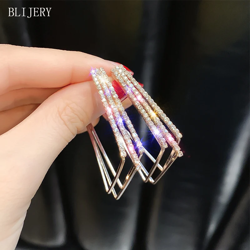 

BLIJERY Bling Geometric Statement Earrings Multilayer Square Hoop Earrings For Women Rhinestone Earrings Wedding Party Jewelry