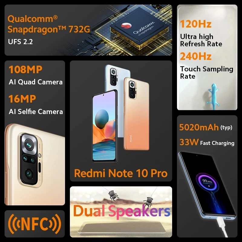 Redmi Note 10 Pro Global Version 6+64/128 8+128 Xiaomi Smartphone 108MP  Camera Snapdragon 732G 120Hz AMOLED Display NFC