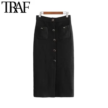 

TRAF Women Vintage Stylish Office Lady Tweed Midi Skirt Fashion High Waist Back Zipper Split Female Skirt Casual Faldas Mujer