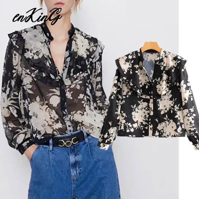 

2019 women chic floral pattern za blouses ruffles V neck long sleeve shirts female casual retro tops blusas