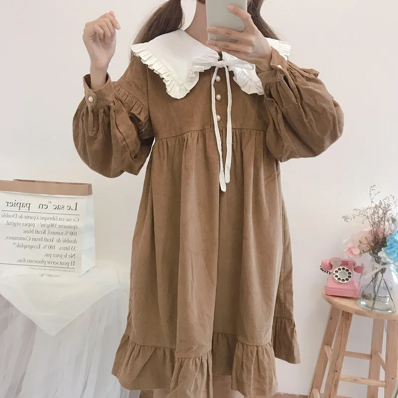 

Japanese Style Mori Girl Kawaii Lolita Dress Autumn and Winter Women Puff Sleeve Doll Collar Loose Corduroy Dresses