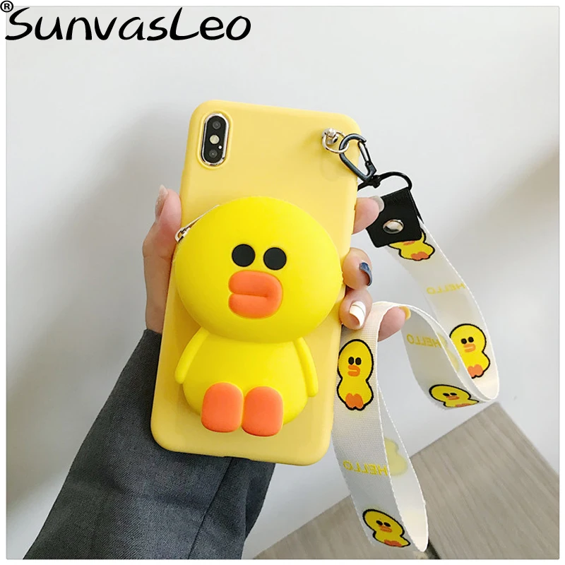 For iPhone 6 6s 7 8 Plus X XS XR XS Max 3D Purse Cute 3D Cartoon Animal Soft Silicone Case Wallet Cover With Strape Phone Cover - Цвет: Yellow Duck