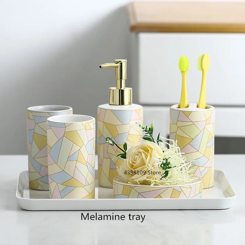 Скандинавские геометрические керамические ванны продукты/аксессуары для ванной набор мыла Диспенсер держатель для зубной щетки набор туалетных принадлежностей - Цвет: 6pcs