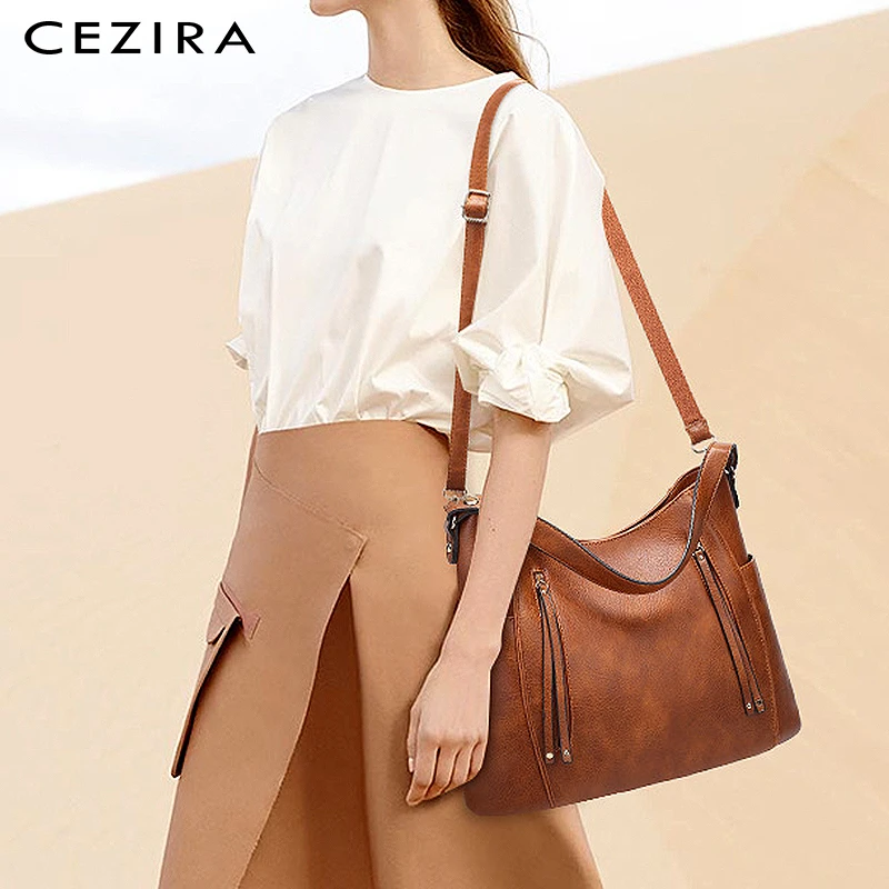 CEZIRA роскошная женская модная сумка-тоут из Веганской кожи, женская большая сумка на плечо на молнии, Женская Повседневная сумка для путешествий, сумка-хобо и сумка через плечо