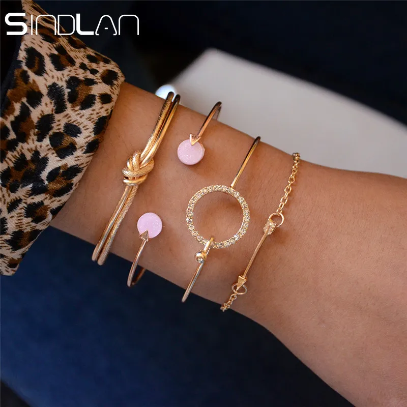 

Sindlan 4PCs Vintage Gold Arrow Knot Bangles for Women Fashion Boho Rhinestone Charm Open Bracelets Set Wrist Chain Jewelry