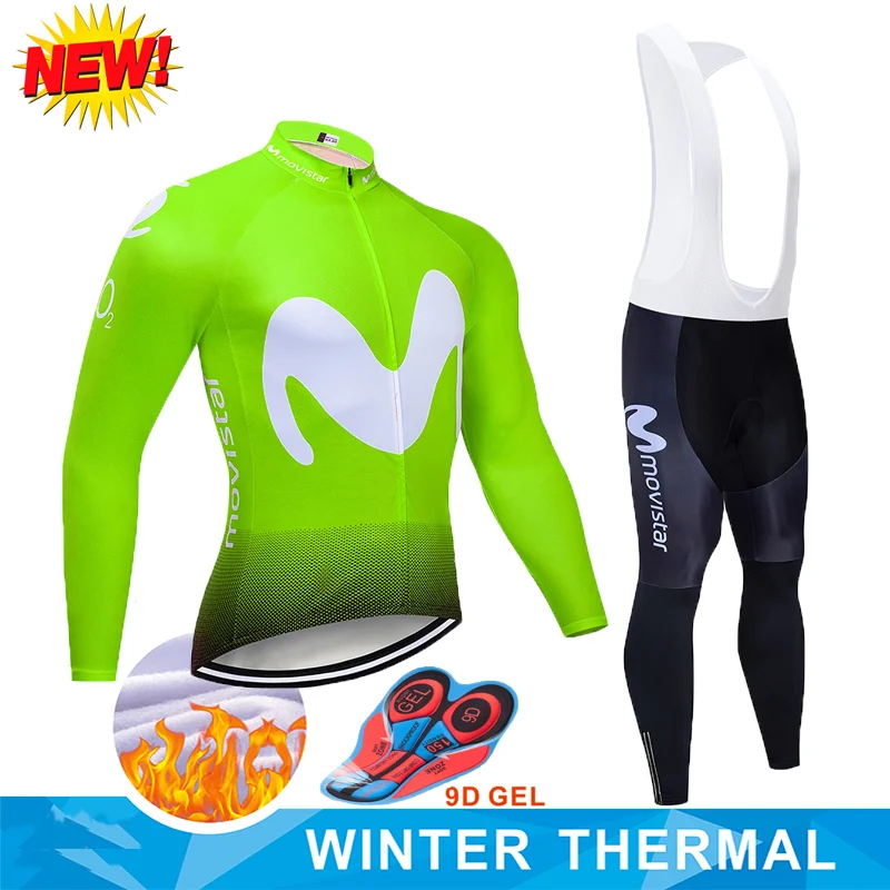 

Fluorescent green Movistar Team Winter Thermal Fleece Jerseys MTB Cycling Bib Pants Set Warm Jacket Clothes Road Bike Clothing