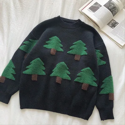 Осень-зима, женский свитер, пуловер,, винтажный свитер с рождественской елкой, джемпер, женский толстый длинный рукав, повседневные топы - Цвет: black