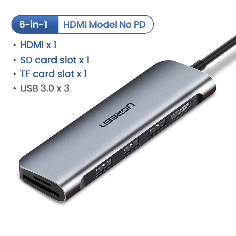 Ugreen USB C концентратор type C к Мульти USB 3,0 концентратор HDMI адаптер док-станция для MacBook Pro huawei mate 30 USB-C 3,1 разветвитель порт type C концентратор - Цвет: 6-in-1 HDMI No PD