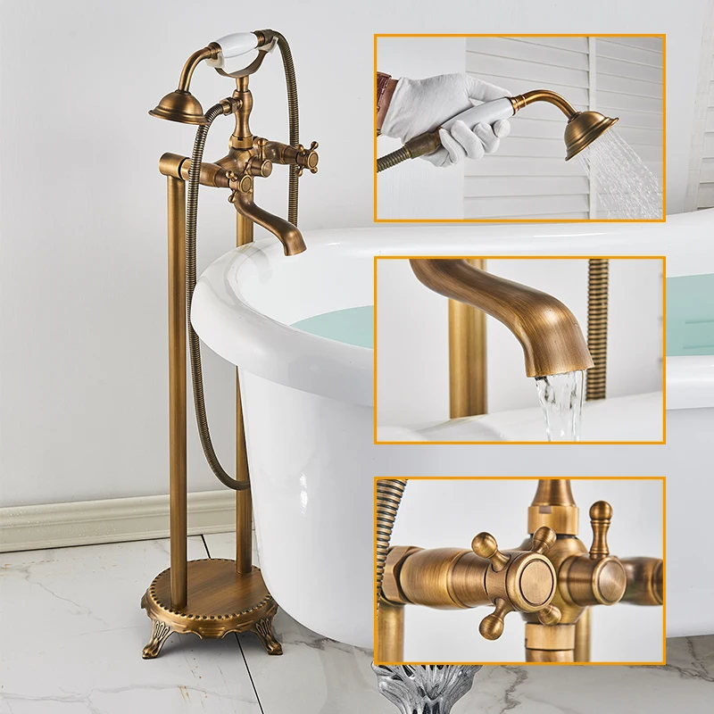 Shower Set Antique Brass Floor Mounted Tub Sink Faucet Dual Handle Bath Shower for Bathtub