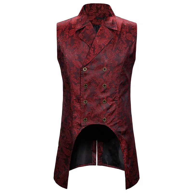 Mens Double Breasted Paisley Jacquard Long Black Vest Lapel Brocade Vest Waistcoat Men Gothic Steampunk Sleevless Tailcoat 2XL