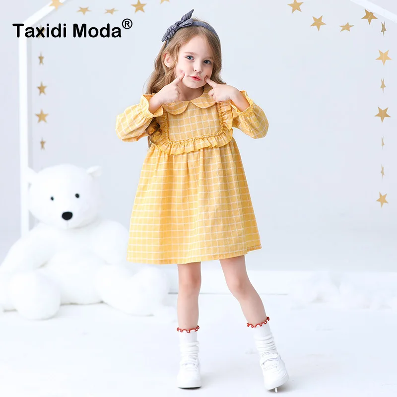 

2019 New Autumn Cotton Plaid Yellow Button Little Girls Dress Princess Kids Long Sleeve For Party Toddler Children Clothes 1305