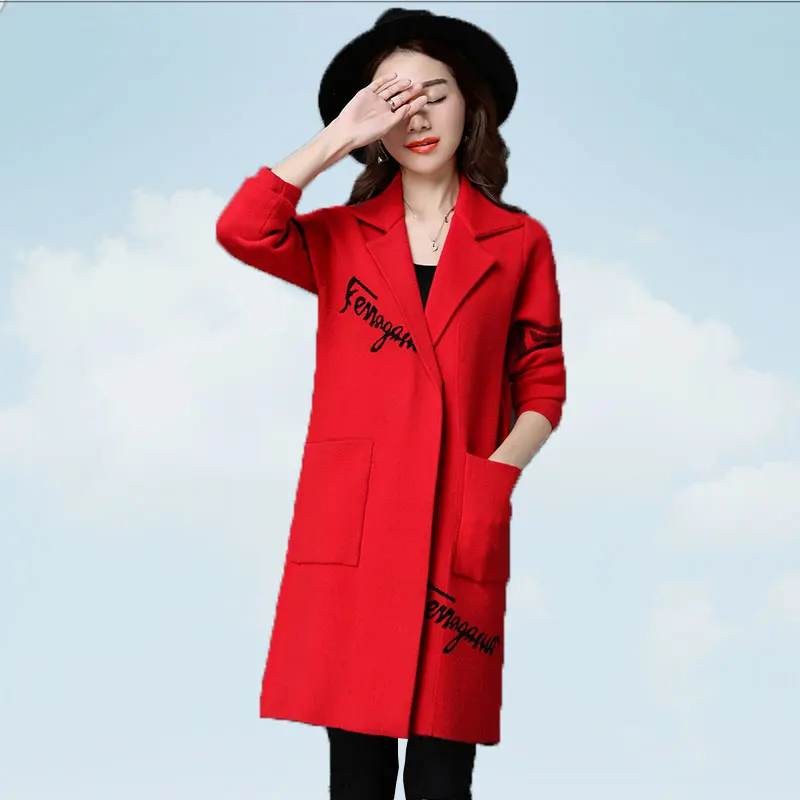 

Autumn Winter Sweater Women Medium Long Lazy Wind Letter Single-breasted Ladies Sweater Loose Fashion Navy Female Coat SS77