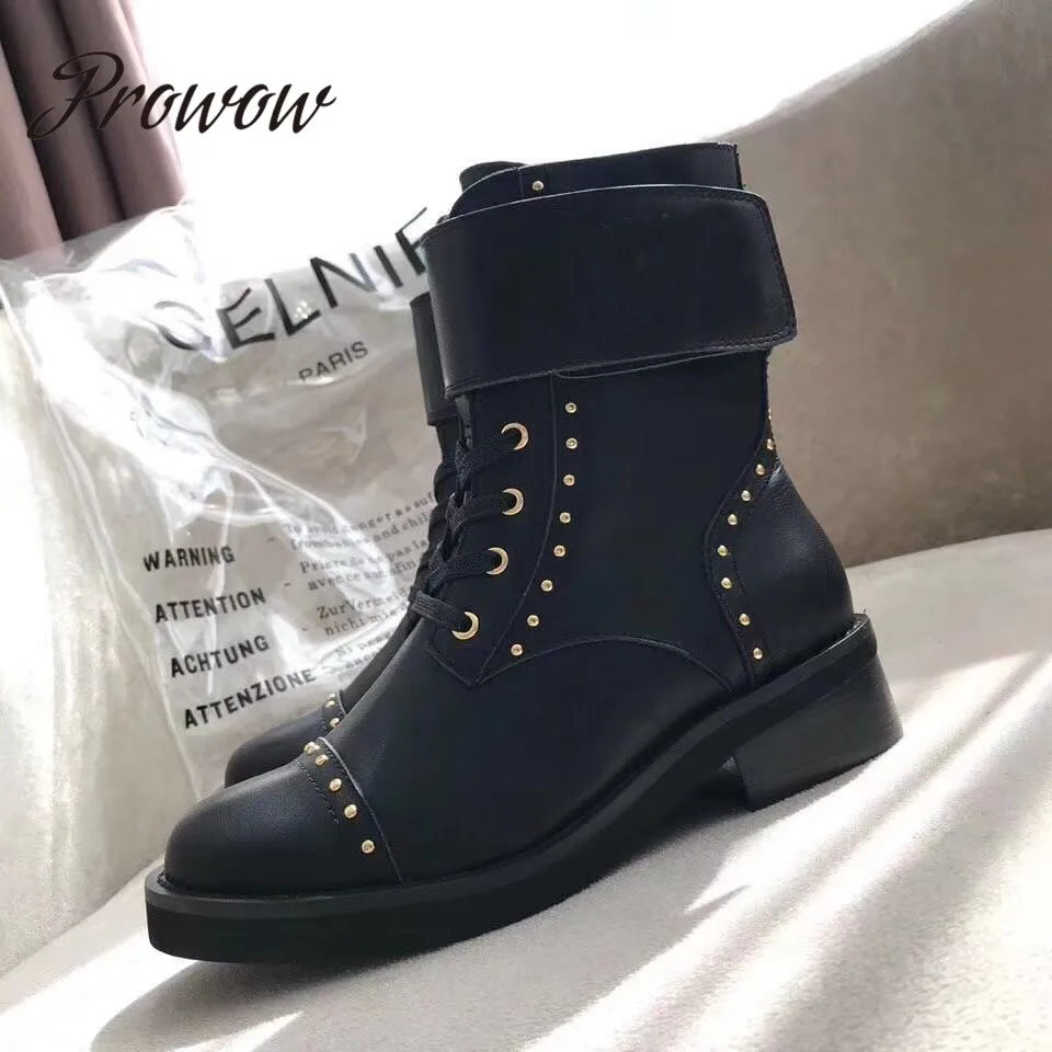 

Prowow New Genuine Leather Gladiator Lace Up Ankle Boots Round Toe Thick Low Heel Autumn Winter Branded Boots Shoes Women