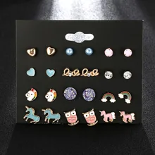 Модные 12 парные серьги-пуссеты, модные эмалированные серьги с изображением животных, совы, лошади, Единорога для женщин, маленькие круглые серьги со стразами