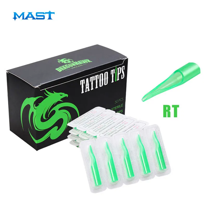 

50 Pcs 7RT Disposable Tattoo Tips Plastic Sterile Nozzles Tube Green Color Tattoo SuppIies Set Mix Size