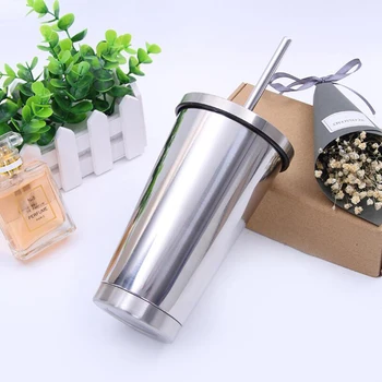 

500ml Stainless Steel Straw Cup Coffee Milk Mug with Lid for Home Office Metal Thermos Cup Vacuum Flask Best Gifts Drinkware
