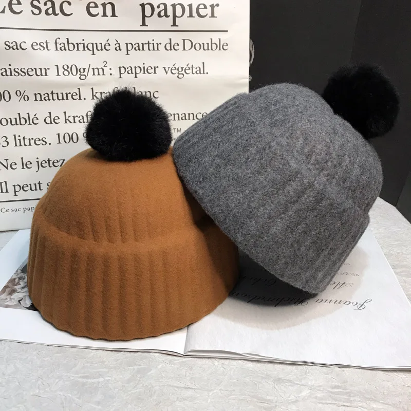 01910-jinri151-pompon Зимняя шерстяная Милая однотонная женская шапка Skullies Beanies, женская шапка для отдыха на открытом воздухе