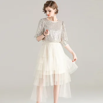 

T905901 Suit Female 2020 Season Women's Wear Sequins Top Mesh Overskirt Two-piece Set