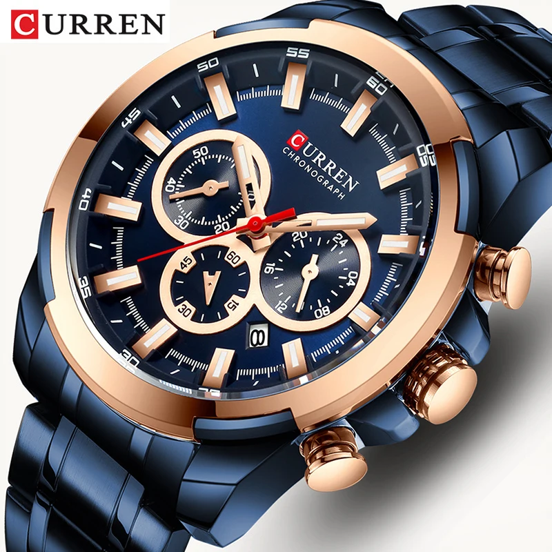 

CURREN Men Watch Big Dial Sport Mens Watches Top Luxury Brand Blue Full Steel Quartz Wristwatch Chronograph Military Male Clock