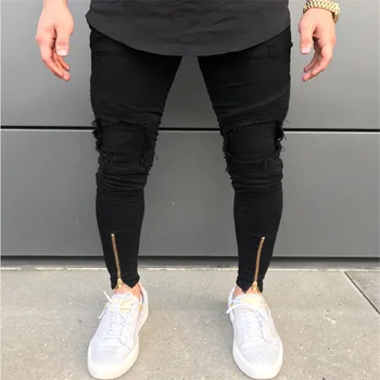 

Mens Casual Distressed Style Tapered Leg Jeans Bottom Zipper Hip Hop Skinny Ripped Jeans Men Destroy Holes Stretch Biker Pants