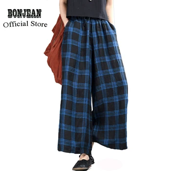 

Womens Cotton Linen Pants Trousers Wide Leg for Summer Big Loose Tartan Checkered Plaids Retro Vintage Casual Fashion AZ62182222