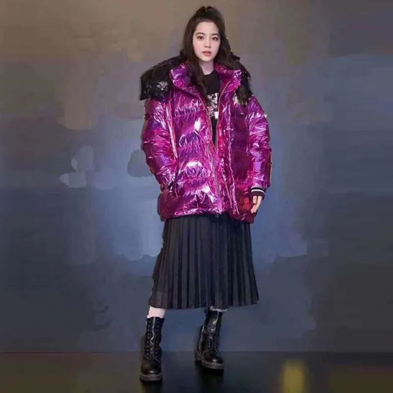 

New purple bright women long sleeve coat patchwork hooded thick fashion down hoodies jacket for winter