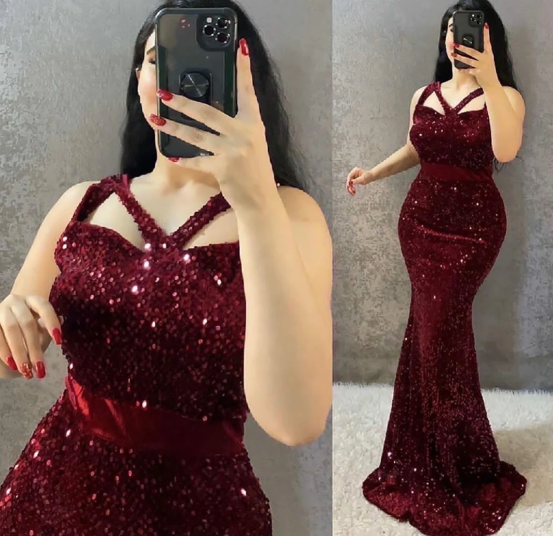 

Vintage Long Sequin Mermaid Evening Dresses Burgundy Zipper Back Floor Length Abendkleid Robes de Soirée for Women