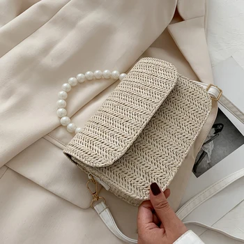 

Summer Beaded Handle Design Shoulder Straw bags For Women 2020 Solid Color Corssbody Handbags Travel Beach bag