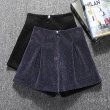 Pantalones cortos brillantes de cintura alta para mujer, pantalón holgado de pierna ancha, ropa exterior, cintura elástica, Bootcut, otoño e invierno, 2021