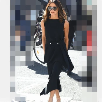 

Victoria Beckham Dress 2020 High Quality Runway O-Neck Sleeveless Slim Solid Irregular Elegant Ladies Dresses Vestidos NP0143