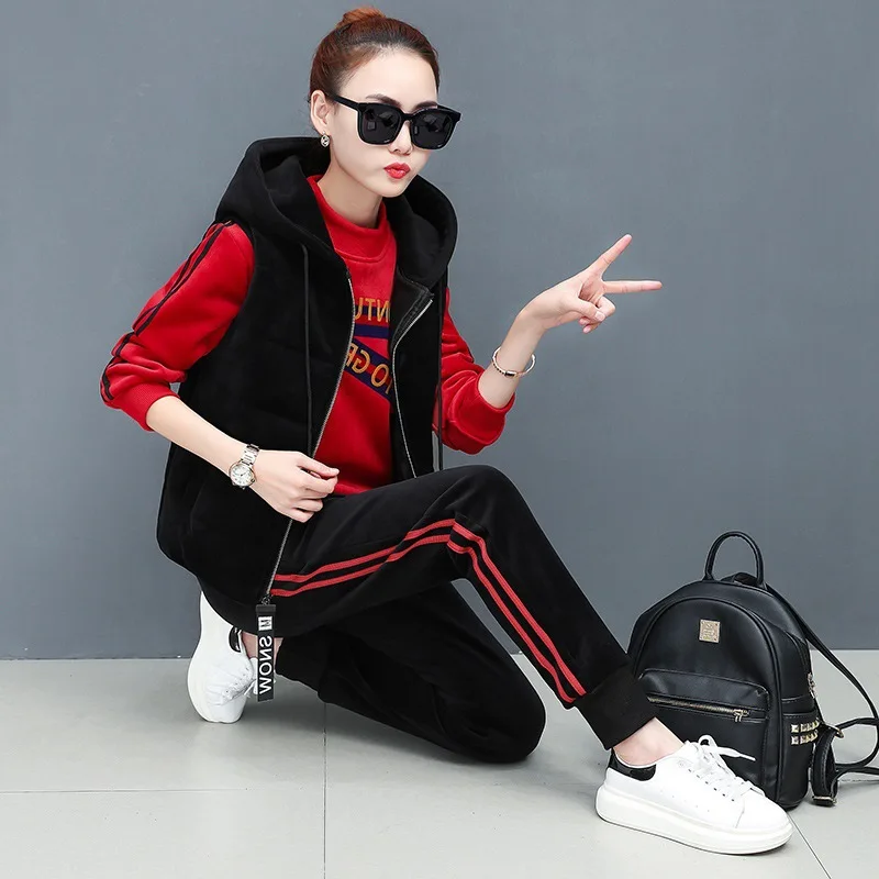 

Winter Thick Velour Women Warm Sport Suit Tracksuits Hoodie Jacket+sweatshirt+pant Casual Jogger Running Outfits Set Sportswear