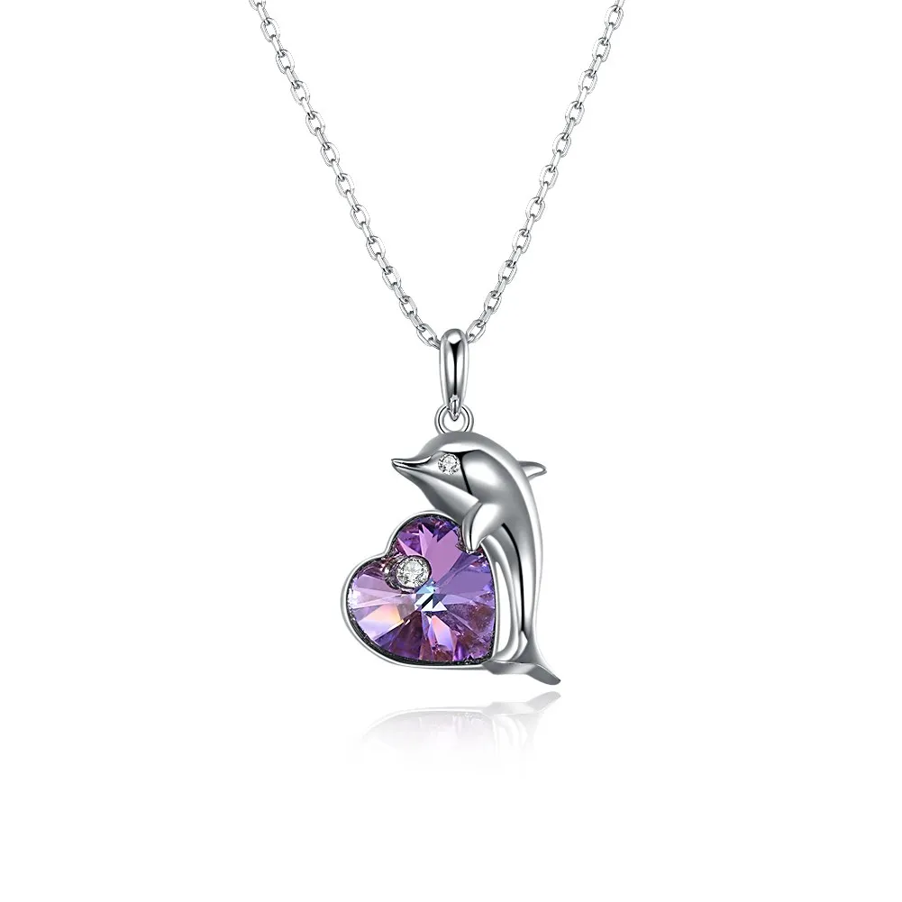 

Diamond necklace women Purple Love Crystal Dolphin Pendant Temperament silver 925 jewelry