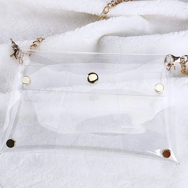 clear crossbody bag with gold chain