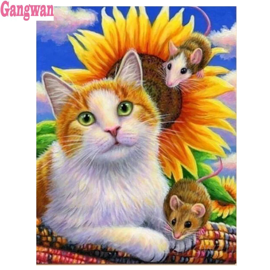 Full Square round Diamond Painting Animals Cat with mouse Rhinestone Pictures Home Decor 5D DIY Mosaic Embroidery Sale | Дом и сад