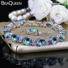 BeaQueen модные 925 пробы серебряные ювелирные изделия Большой овальной огранки голубой кубический цирконий многоцветный Радужный кристалл женские браслеты B011