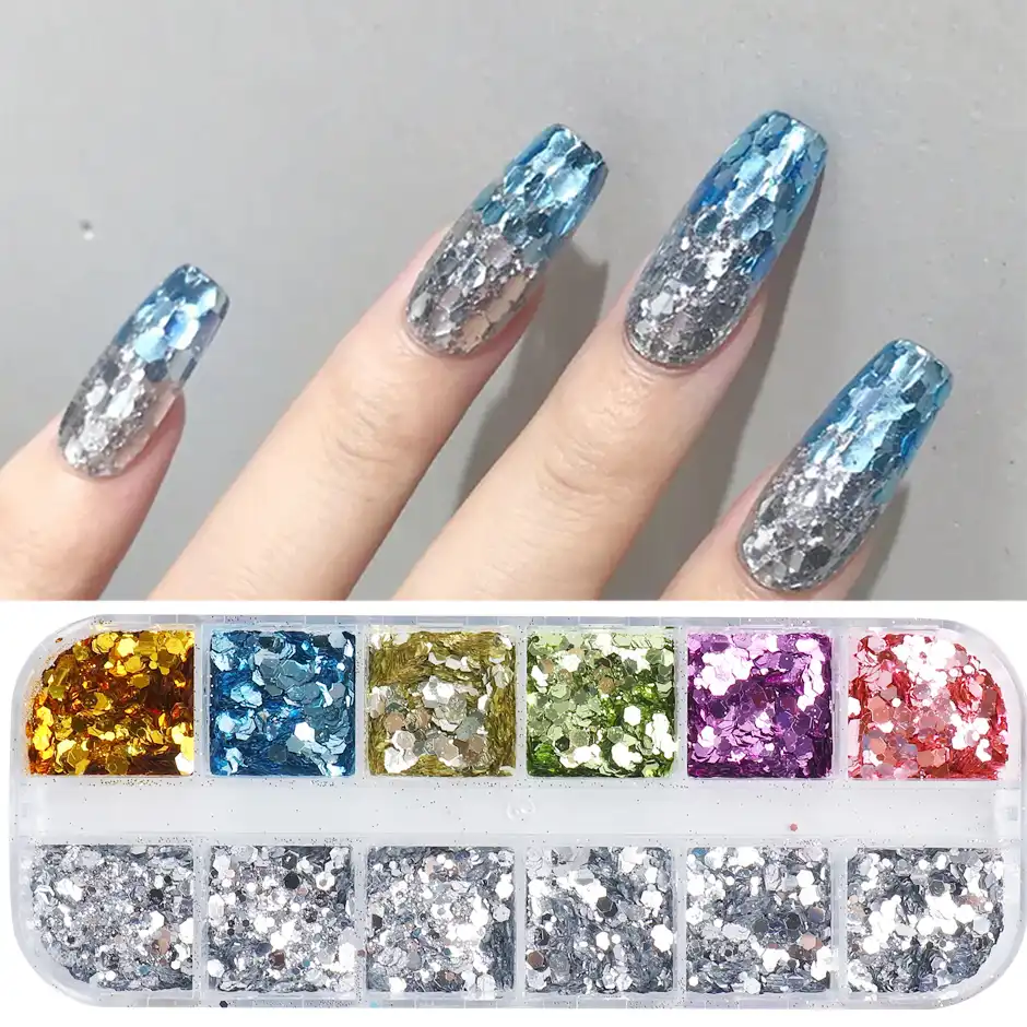 マニキュア用キラキラ 12グリッド シルバー ブルー キラキラ 反射 光沢 六角形 ネイルアート用装飾アクセサリー Nail Glitter Aliexpress