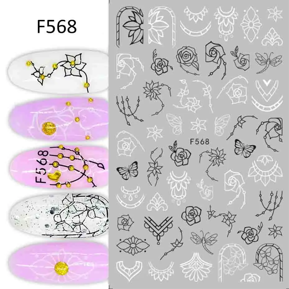 1 шт черно-белые наклейки для ногтей с буквенным принтом в виде цветов и листьев, линейные переводные наклейки, слайдер 3D, украшения для ногтей, обертывания, SAF564-573-1 - Цвет: F568