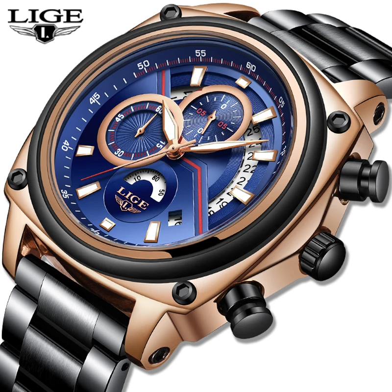 

2020 LIGE Fashion Watches Mens Military Sport Watch Black Stainless Steel Waterproof Quartz Clock Men Watch Relojes Hombre+Box