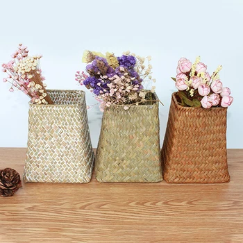 

Seagrass Storage Box Flower Vase Flower Pot Handmade Finishing Box Woven Storage Basket Wardrobe Desktop Home Storage Basket