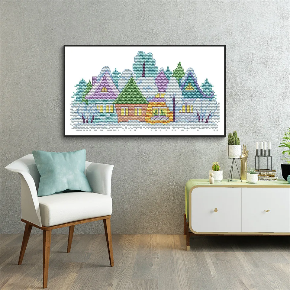 Landscape Painting Chinese Embroidery Cross Stitch Kit Small Village Counted Printed Canvas 14ct DMC Needlework DIY Hand Crafts