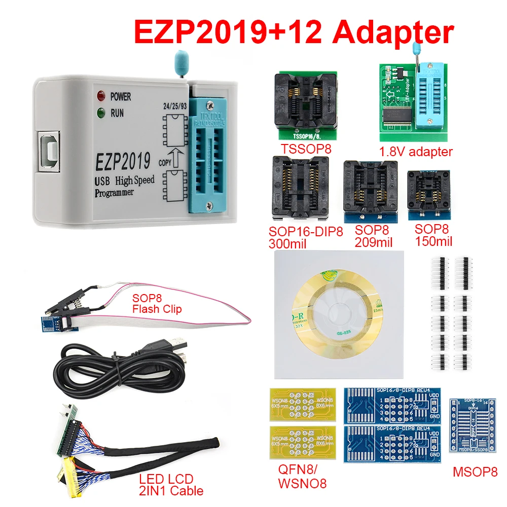 EZP2019 высокоскоростной USB SPI программатор + 12 адаптеров SOP8 тестовый зажим sop8/16 1 8 в