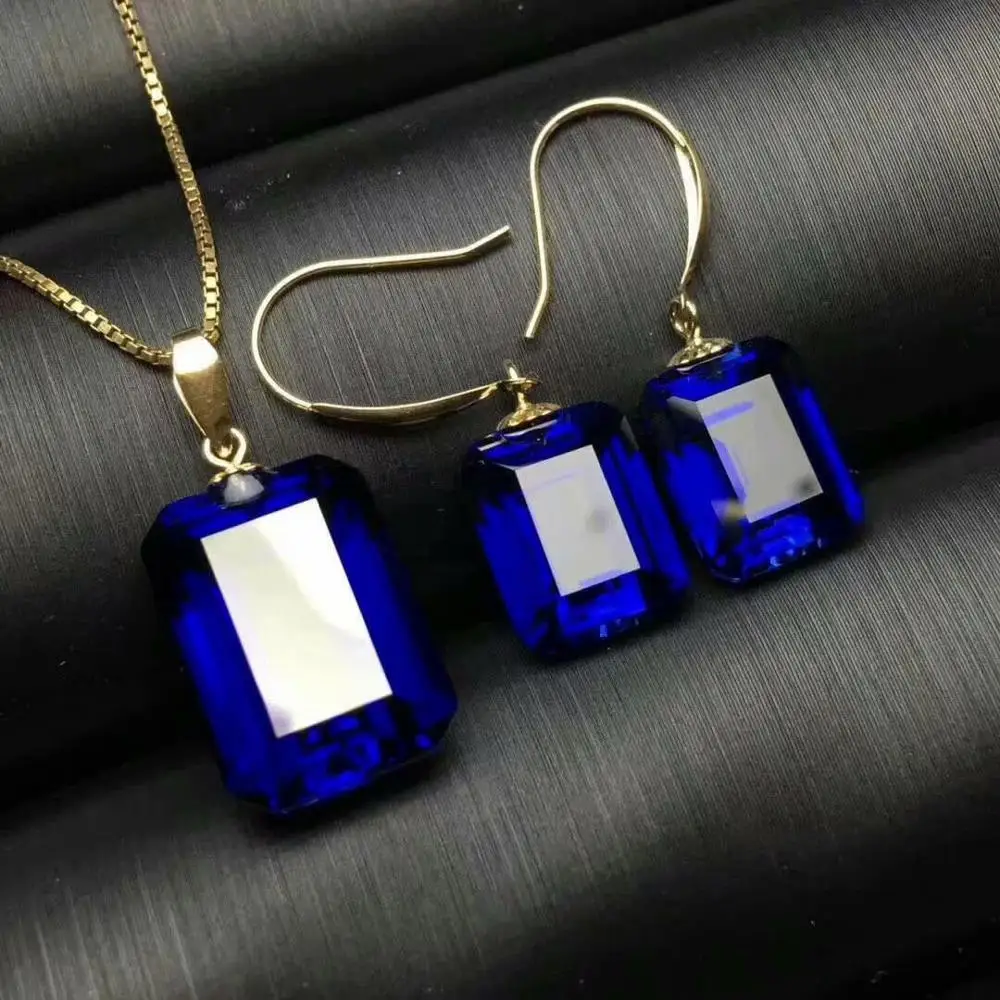 Shilovem 18k желтое золото Пьезоэлектричество сапфир серьги-гвоздики подвеска с черным коженным ремешком женские свадебные подарок mtz08101499l