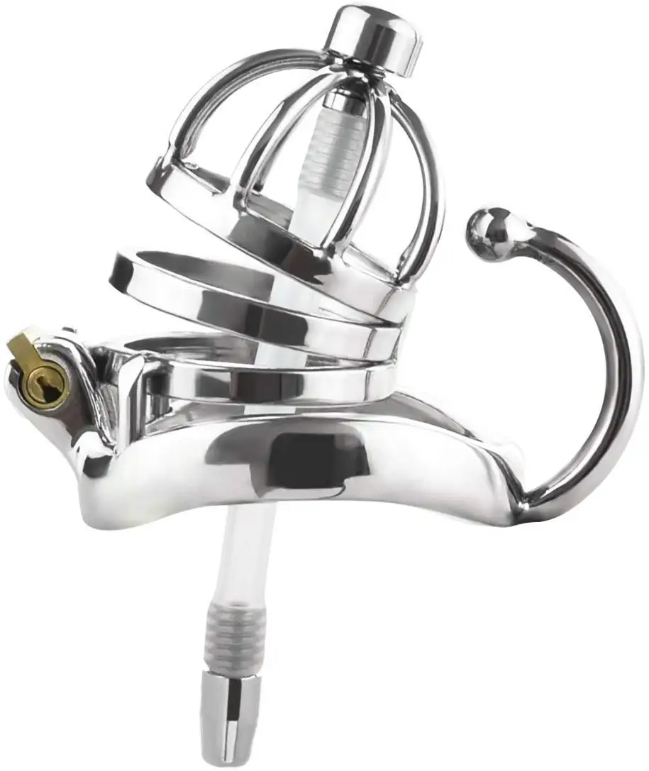 iKenmu New Stainless Steel Male Chastity Devices With Urethral Catheter,Long Cock Cage with Ring ,Penis Rings,Sex Toys For Men